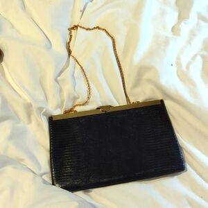 Vintage 80s Etra Genuine Leather Lizard Evening Clutch Gold Chain Strap Handbag